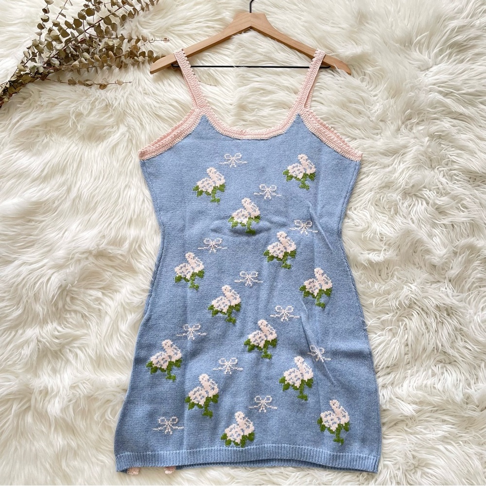 LoveShackFancy Lopez Mini Dress Periwinkle Orchard Large Knit NWT - Picture 15 of 16